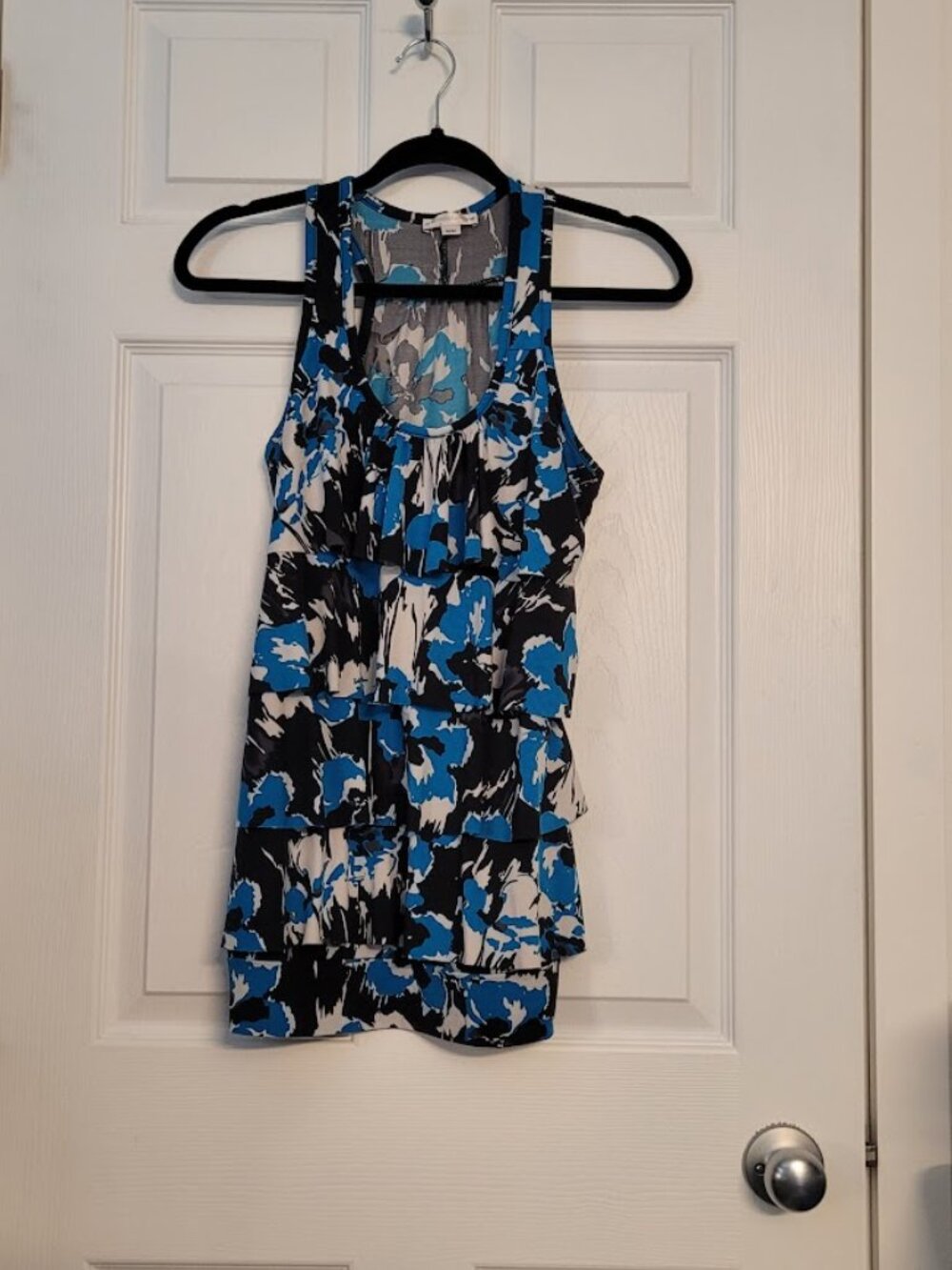 Layered ruffled sleeveless tank top blouse Fun Blue/Blk/white print-Small-Medium